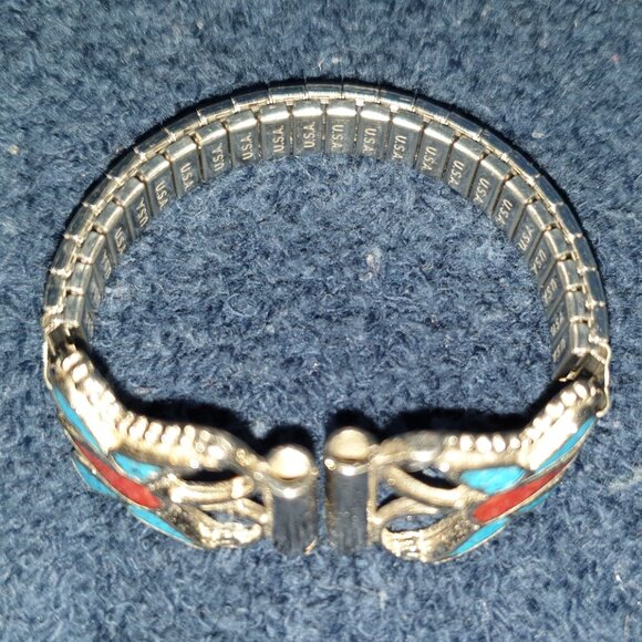 Vintage Native American Inlaid Turquoise & Red Coral Butterfly Silver Watch Band - Picture 11 of 11